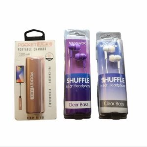 Pocket Juice Portable Charger & 2 Magnavox Shuffle In Ear Headphones